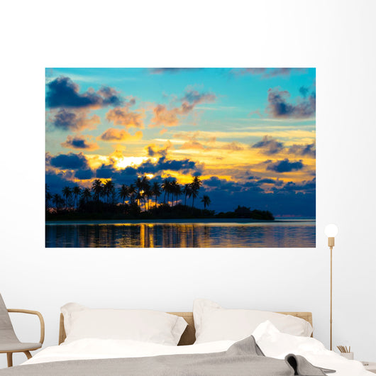 Dark silhouettes of palm trees and amazing cloudy sky at sunset Wall Mural