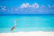 Grey heron standing on white beach on Maldives island Wall Mural