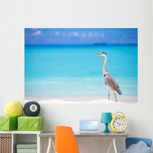Grey heron standing on white beach on Maldives island Wall Mural