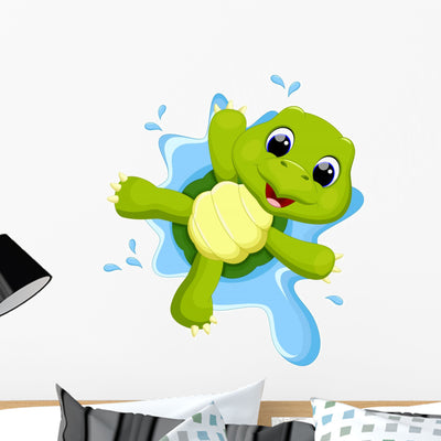 Cute Turtle Cartoon Wall Decal shown on a wall