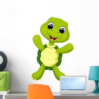 Cute Turtle Cartoon Wall Decal shown on a wall