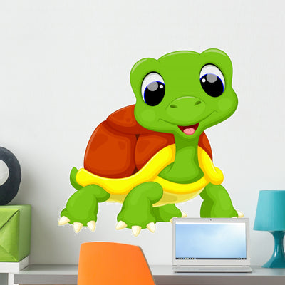Cute Turtle Cartoon Wall Decal shown on a wall