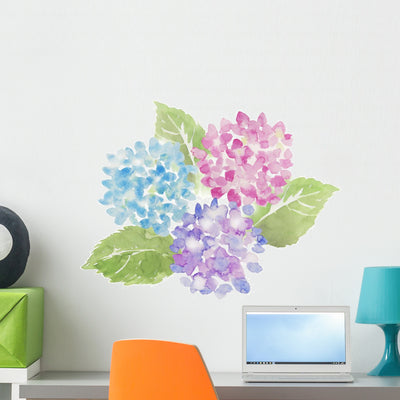Multi-colored Hydrangea Flowers Wall Decal shown on a wall
