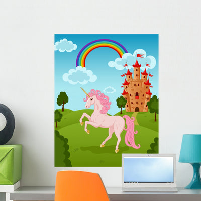 Unicorn with Castle and Wall Decal shown on a wall