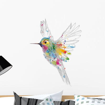 Rainbow Colored Hummingbird Wall Decal shown on a wall