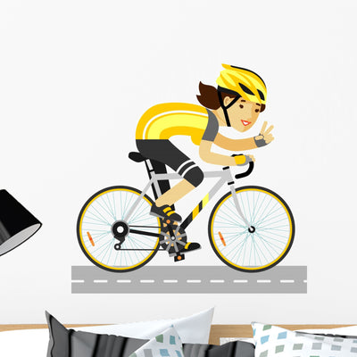 Young Racing Cyclist Woman Wall Decal shown on a wall
