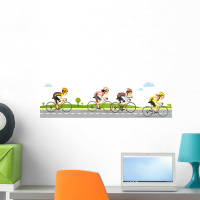 Young Racing Cyclists Bikes Wall Decal Panoramic Wall Decal shown on a wall