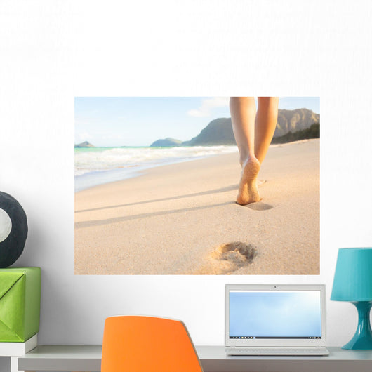 Woman Walking Sandy Beach Wall Decal