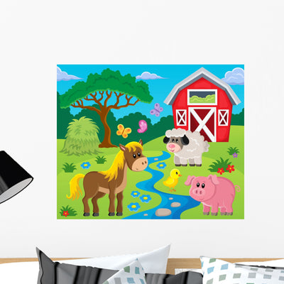 Barnyard Farm Scene Wall Decal shown on a wall