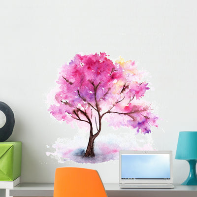 Single Cherry Sakura Tree Wall Decal shown on a wall