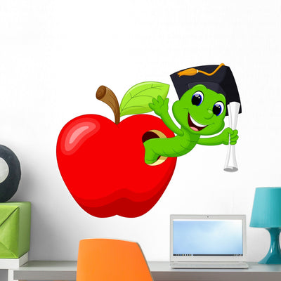 Worm Red Apple Was Wall Decal shown on a wall