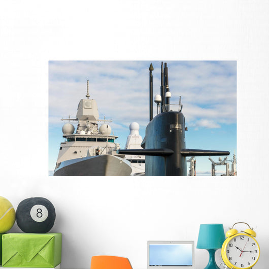 Naval fleet. Submarine and warships with guns. Wall Mural