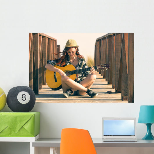 Woman Playing Guitar Beach Wall Decal