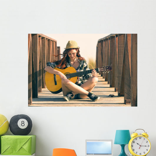 Woman Playing Guitar Beach Wall Decal