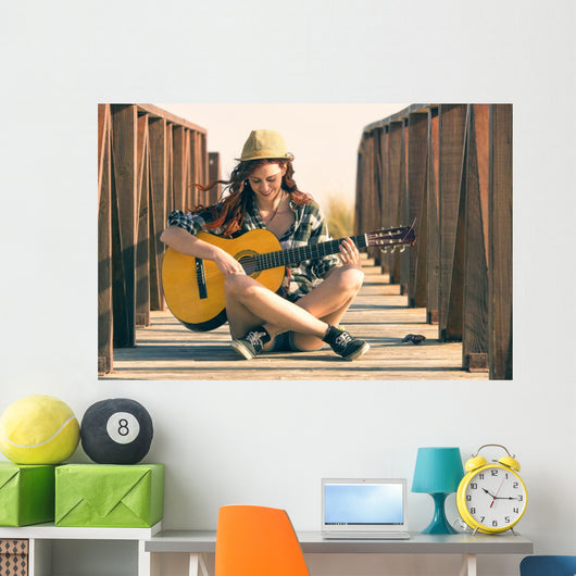Woman Playing Guitar Beach Wall Decal