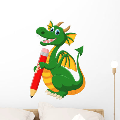 Cartoon Green Dragon Holding Wall Decal shown on a wall