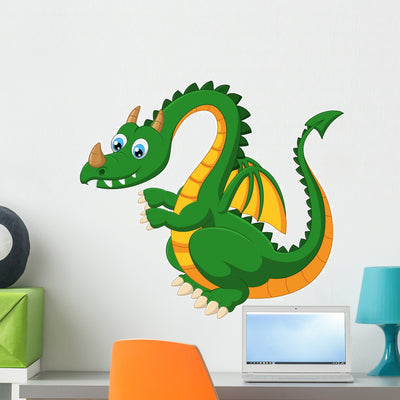 Carrtoon Funny Green Dragon Wall Decal shown on a wall
