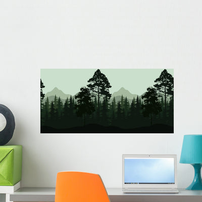 Seamless Landscape Trees and Wall Decal shown on a wall