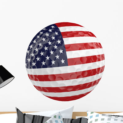 USA Flag Golf Ball Wall Decal shown on a wall