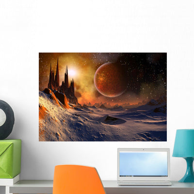 Alien Planet 3D Rendered Wall Decal shown on a wall