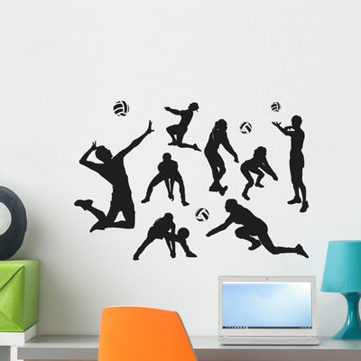 Volleyball Player Silhouette Wall Decal Sticker Set shown on a wall