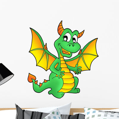 Cute Green Dragon Wall Decal shown on a wall