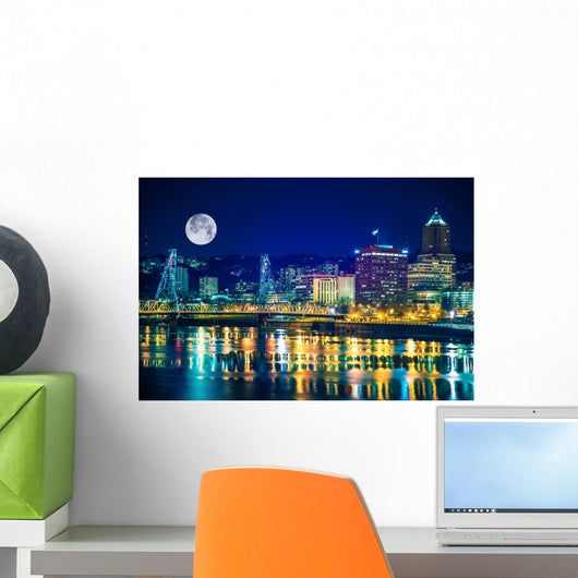 Portland Skyline with Moon Wall Decal