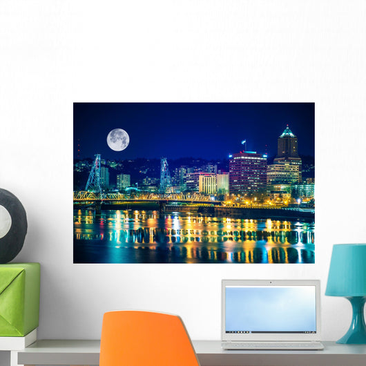 Portland Skyline with Moon Wall Decal