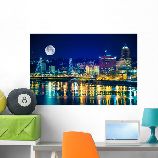 Portland Skyline with Moon Wall Decal