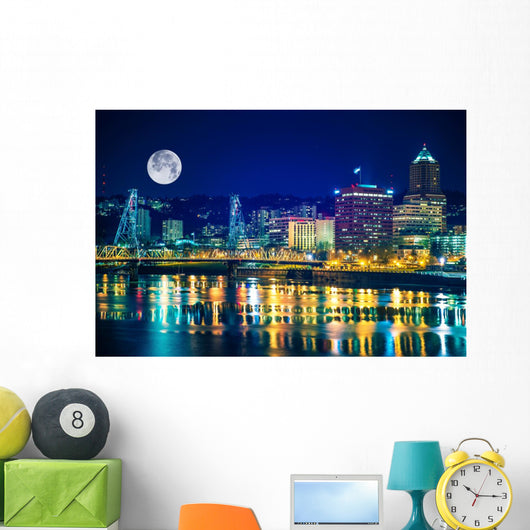 Portland Skyline with Moon Wall Decal