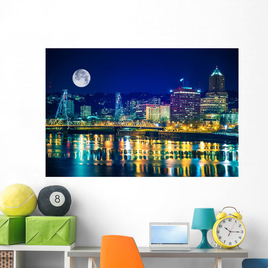 Portland Skyline with Moon Wall Decal