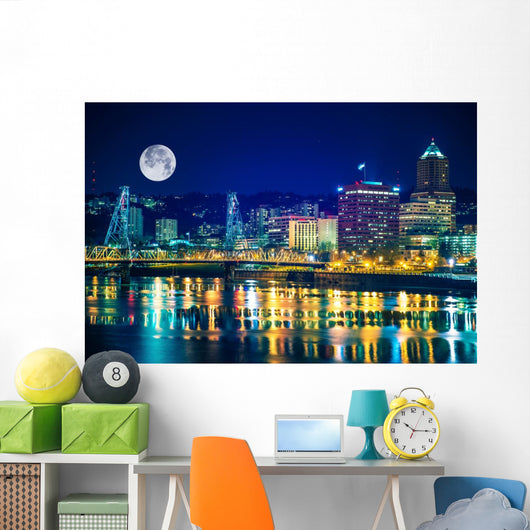 Portland Skyline with Moon Wall Decal