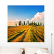 Tuscany, farmland, cypress trees and white road on sunset. Siena Wall Mural