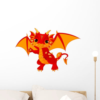 Red Cartoon Baby Dragon Wall Decal shown on a wall