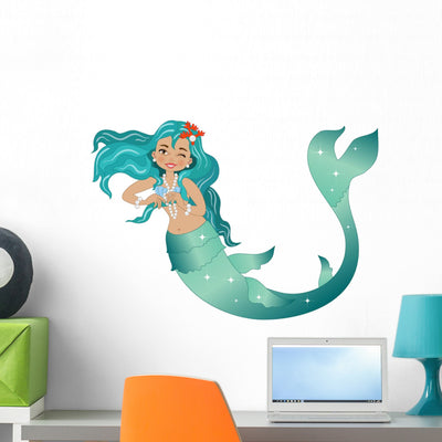Sea Green Mermaid Wall Decal shown on a wall