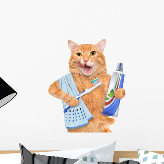 Brushing teeth cat. Wall Decal