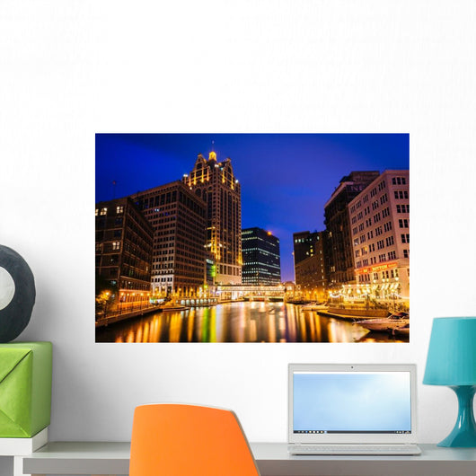 Buildings along Milwaukee River at Night Wall Decal