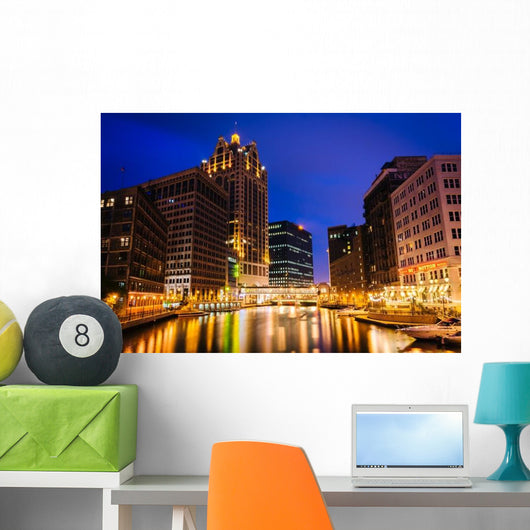 Buildings along Milwaukee River at Night Wall Decal