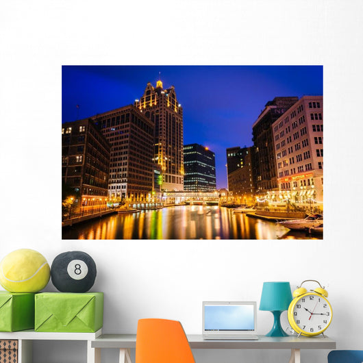 Buildings along Milwaukee River at Night Wall Decal