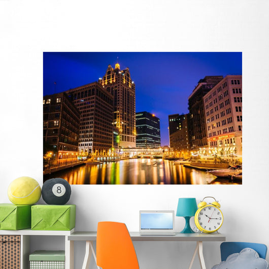 Buildings along Milwaukee River at Night Wall Decal