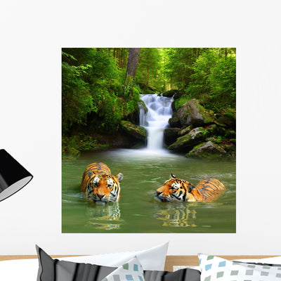 Siberian Tigers Water Wall Decal shown on a wall
