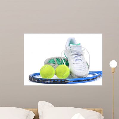 Tennis Shoes Balls Racket Wall Decal shown on a wall