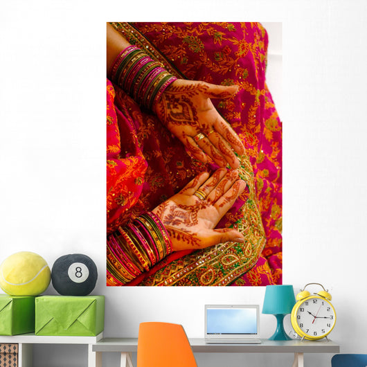 Indian Wedding Bride Getting Henna Tattoos on her Palms Wall Decal