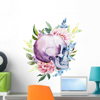 Watercolor Skull with Flowers Wall Decal shown on a wall