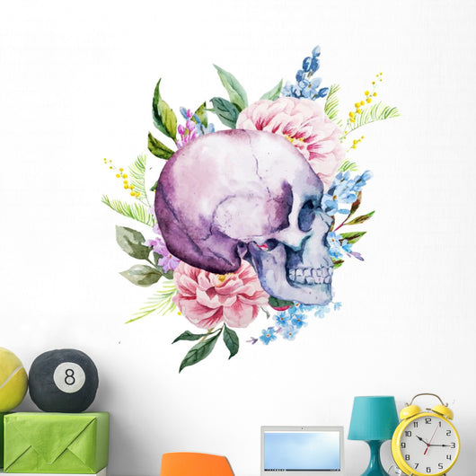 Watercolor Skull with Flowers Wall Decal - WallMonkeys.com