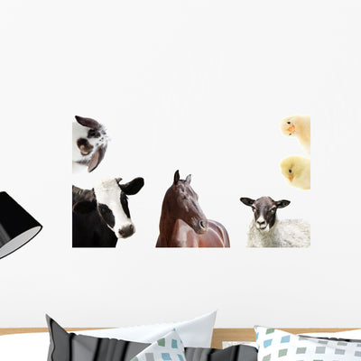 Various Peeking Farm Animals Wall Decal Sticker Set shown on a wall