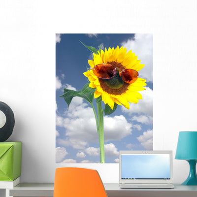 Sunflower with Pink Sunglasses Wall Decal shown on a wall