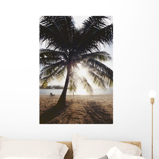 View Of Ocean And Beach Through Palm Tree Wall Mural