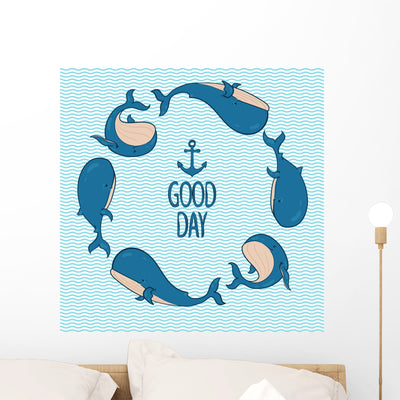 Nautical Dancing Whales Wall Decal shown on a wall