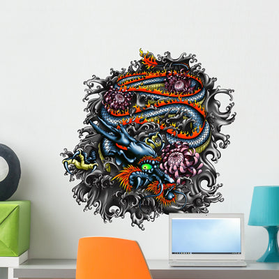 Japan Style Dragon Wall Decal shown on a wall